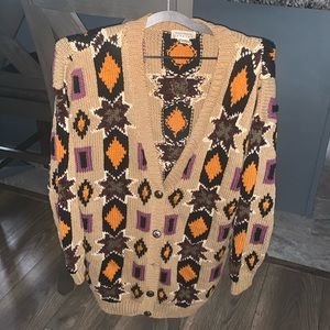 Women’s mid length multicolor knitted V Neck sweater cardigan size medium